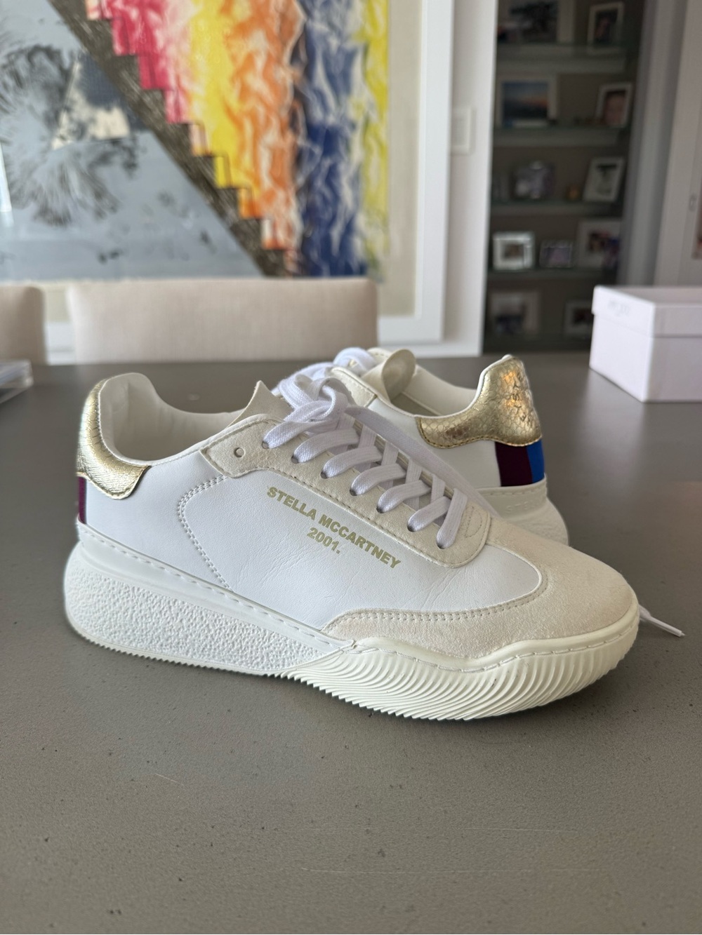 Stella McCartney White Sneakers with Gold Heel and Navy Plum Accent